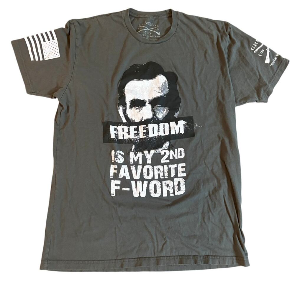 Grunt Style Mens XL Abraham Lincoln Freedom Short Sleeve Flag Gray Shirt EUC